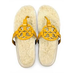 Tory Burch Miller Cloud Shearling Sandal Ochre Leather Thong Size 8 Box & Bag